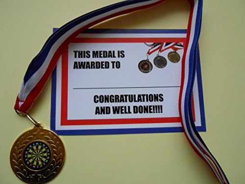 DARTS MEDALS -50 mm metal with ribbon and certificate - CHOICE OF GOLD SILVER OR BRONZE + RIBBON