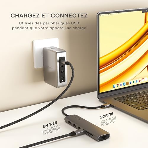 Satechi 7 in 1 USB C Hub Slim Plus Multiport Adapter with Ethernet, Charge PD 100W, HDMI 4K@60Hz, 2X USB-A 10Gbps and SD/microSD Ports for MacBook Air/Pro/Neo, Laptop and More - Grey