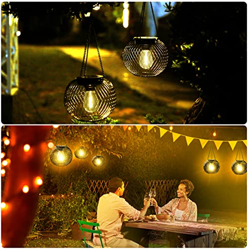KagoLing Solar Lights for Outdoor Hanging, Pack of 2 Metal Solar Lantern with Retro Large LED Bulb, IP65 Garden Decoration, Weatherproof, Solar Lights Garden with Hook and Chain for Patio, Lawn, Balcony, Yard