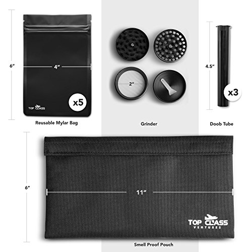 Smell Proof Bag with Smoking Accessories by Top Class Ventures â€“ Smell Proof Container Pouch PLUS Grinder, Resealable Bags, and Doob Tubes â€“ Discreet Stash Storage Case - Smellproof No Odor Bags