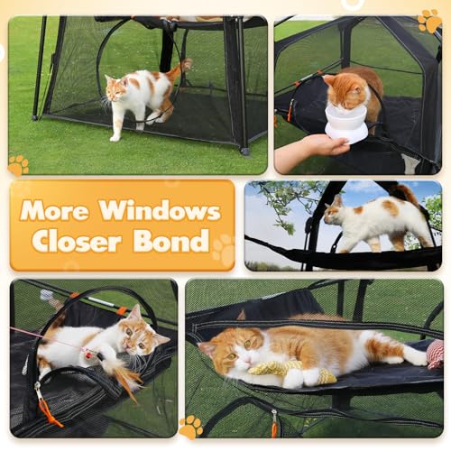 Rywell Extra Large Triple Catio Outdoor Cat Enclosure,57 * 43 * 43in Pop Up Catio Enclosure with Sunshade,Foldable Cat Tent for Puppy Rabbit Ferret(Within Carry Bag&Ground Stakes)