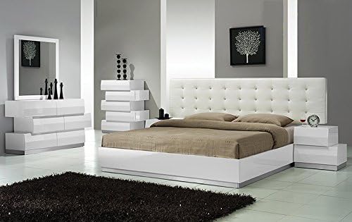 Modern Spain 4 Piece Bedroom Set Eastern King Size Bed Mirror Dresser Nightstand White Lacquer Headboard With Leather Like Exterior & Like Crystals Bedroom Furniture