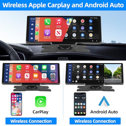 Podofo 10.26 Inch Portable Car Stereo with A-pple Carplay Android Auto Wireless, Touch Screen 7-32V, Voice Assistant Rear Camera/Bluetooth/FM Transmitter/AUX/TF Card