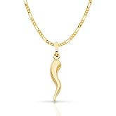 14K Yellow Gold Cornicello Italian Horn Necklace Good Luck Charm Pendant with 1.9mm Figaro 3+1 Chain