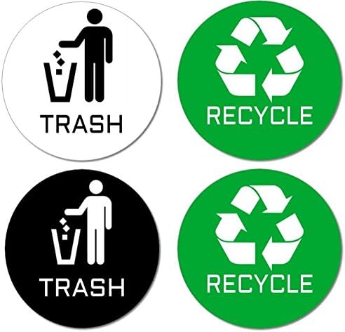Recycle & Trash Stickers (2 Trash + 2 Recycle, Premium Quality) for Use on Trash Cans & Recycle Bins of All Types; 4" Round with Adhesive on Back (1 Black Trash + 1 White Trash & 2 Green Recycle)