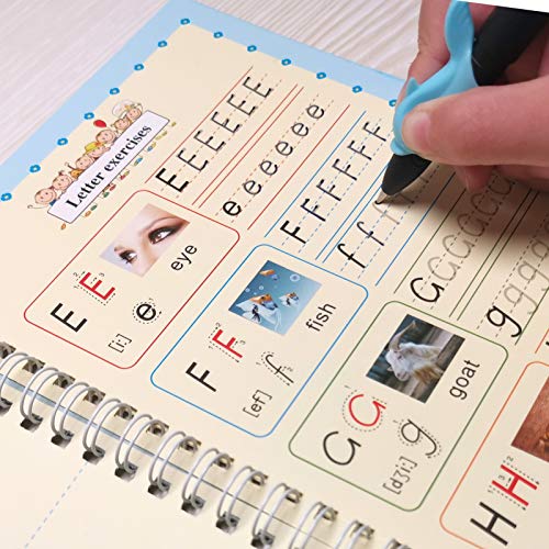 English Magic Practice Copybook for Kids, 4 Pieces Reusable Writing Practice Book Set, Magic Calligraphy Tracing Copybook, for Kid Learning Alphabet, Number, Mathematics, Drawing (Contains Pen)