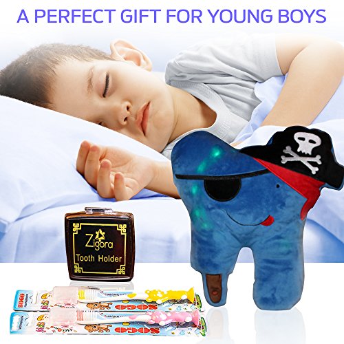 Zigora Tooth Fairy LED Pirate Pillow Kit for Boys 5 Piece Bundle Memorable Gift Set - 1 LED Pillow, 2 FDA Approved Toothbrushes, 1 Keepsake Box, 1 Lost Tooth Certificate Pad & 4 AA Batteries.