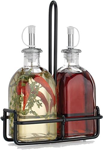 Olive Oil and Vinegar Vintage Glass Dispenser Bottle with Caddy - Oil Dispensing Cruet Set- Bottle with Stainless Steel Pourer Spout