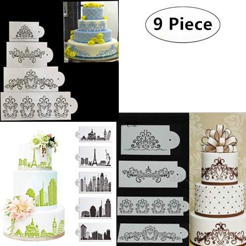 9-Pack Cake Decorating Stencil Molds, Magnoloran Wedding Cake Mesh Stencils Cake Templates Spray Floral Cake Side Molds, Wedding Cake Decorating Stencil Baking Tools, Dessert Decorating Molds