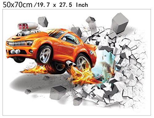 Home Wing 3D Wall Sticker Car Break Through The Wall Removable Room Decor 3D Wall Decals for Kids Boys 19.7 x 27.5 Inch