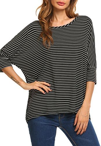 EASTHER Womens 3/4 Batwing Sleeve Causal Stripe Top Blouse Loose Tunic Shirt (S-XL)