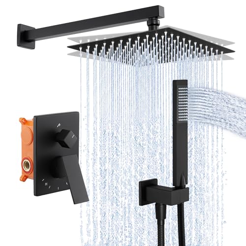KES X6230-BK 3 Way Shower Set Square Shower Head 25 cm with Raw Valve and Finishes Shower Kit Rain Bathroom Matt Black