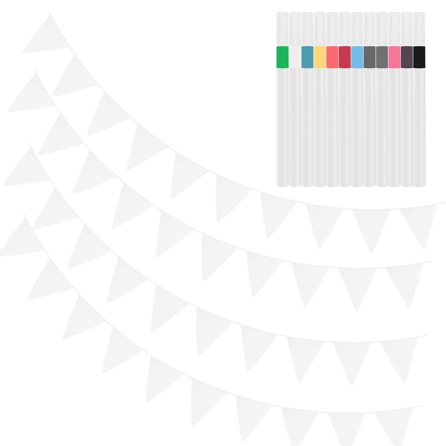 10M Pennant, 12 Markers, White Bunting, Wedding Bunting, Paper Bunting, Cotton Bunting Photography Props, Garland Triangular Bunting Flag