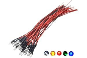 Vrabocry 25pcs (5 Colors x 5pcs) 12 Volt LED Lights Emitting Diodes Pre Wired DC 12v 3mm LED Assorted Kit Clear Lens- White Red Yellow Green Blue 1.5 Hz Blinking Small LED Lamps