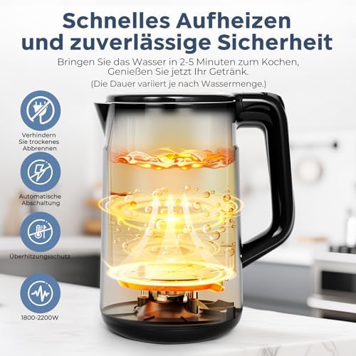 Electric Kettle 1800W-2200W 1.7L 45°C ~ 100°C Kettle with 6 Temperature Controls, Automatic Shut-Off and Keep Warm Function, 304 Stainless Steel, Dry Protection, BPA Free Smart Fast B