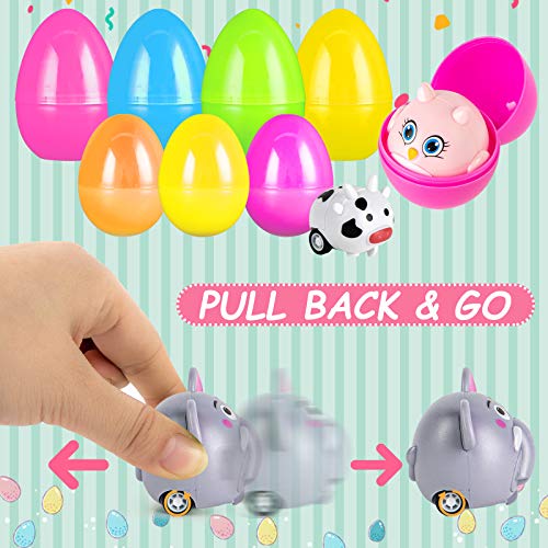 LovesTown Easter Eggs with Toys Inside, 12 Pcs Easter Stuffed Eggs and 12 Pcs Animal Pullback Toy Cars Surprise Eggs Easter Theme Party Favor for Easter Eggs Hunt Game