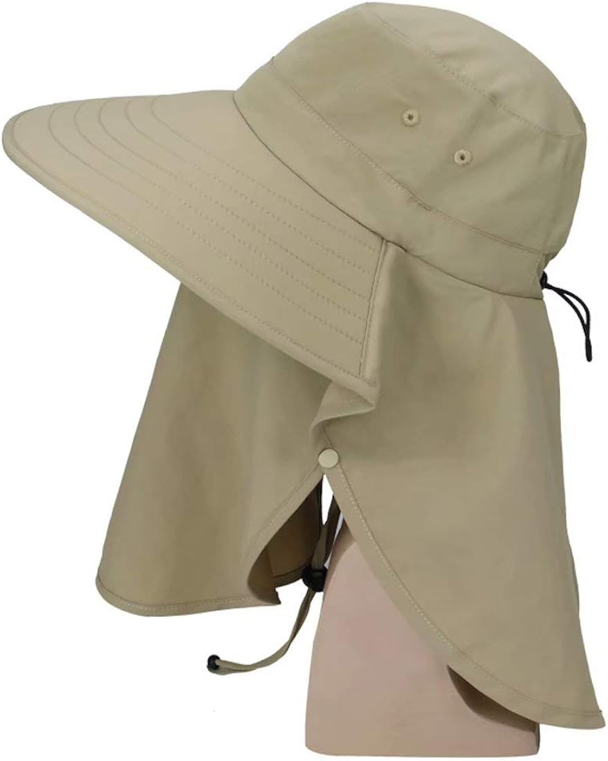 Home Prefer Mens Wide Brim Sun Hat with Neck Flap UPF50+ Fishing Hat with Face Cover Sunblock Hat Khaki at  Men’s Clothing store
