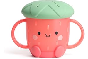 Itzy Ritzy Toddler Snack Cup - Spill-Proof Snack Cup for Toddlers with Soft Silicone Lid for Easy Food Access - Easy-To-Hold Kids Snacks Container With Handles - Ideal for 12 months & Up (Strawberry)
