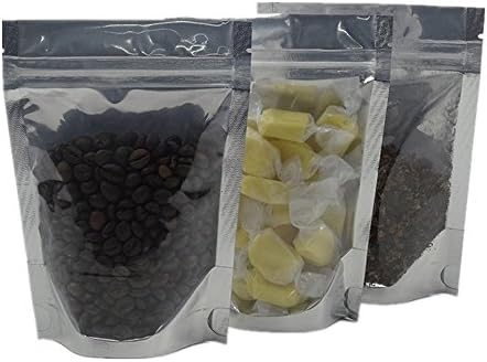 50 Pcs 5.5x7.9 inches Clear Front Stand Up Alone Mylar Bags Silver Aluminum Foil Pouch Zipper Tea Coffee Bulk Food Storage Packet Reclosable Heat Seal Zip Lock Packaging with Tear Notches