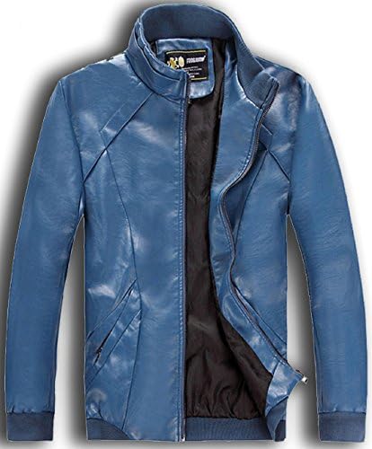 FoxWord Winter PU Leather Men Jacket Standing Collar Jackets Coat Navy XL