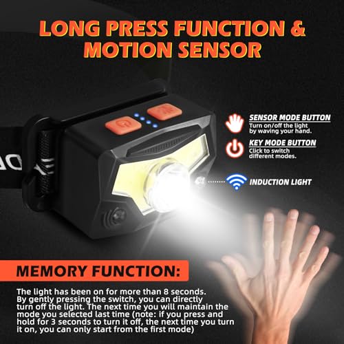 Hyted Ultra Powerful 2 Pack 2000 Lumens USB Rechargeable Head Torch with Motion Sensor, Lightweight and Waterproof 14 Modes for Running, Camping, Fishing
