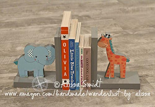 Elephant and Giraffe Wooden Bookends - Custom Created (Yoo Hoo bookends, jungle animals, grey, teal, aqua)