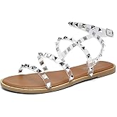 katliu Women's Flat Sandals Strappy Studded Sandals Gladiator Sandals with Ankle Strap Clear 8