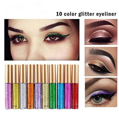 Glitter Liquid Eyeliner 10 Colors Set-Waterproof Sparkle Eyeshadow Long Lasting Metallic Glitter Eyeliner Pen Shimmer Eye Shadow for Parties, Cosplay, Masquerade