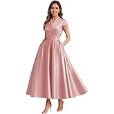 Xuzey Tea Length Satin Mother of Bride Dresses for Women A Line Formal Wedding Guest Dress with Pockets Belt