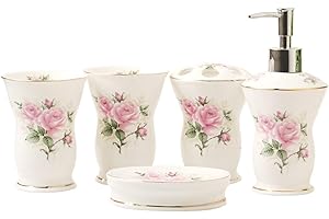Bathroom Accesories Set 5 Pcs Soap Dispenser Toothbrush Holder Tumbler Dish Modern Decor Coastal Decor(Pink) House Decor Aest