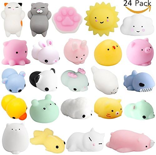Mochi Squishys Toys, 24 Pcs Cute Kawaii Squishies Animals Stress Relief Toys For Kids Adults Soft Squeeze Reliever Anxiety Toys Cat Panda Seal Polar Bear Fox Rabbit Cat Claw Easter Egg Fillers Gifts