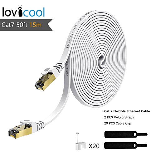 Cat7 Ethernet Patch Cable 50 ft White, Lovicool Ultra Fast 10 Gigabit Triple Shielded Ethernet Networking Wire Ethernet Cords With Gold Plated Head RJ45 Connector 15M