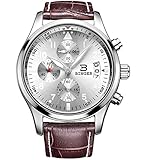 BINGER Mens Date Sports Stopwatch Chronograph Watches Easy Reader Luminous Numeral (A-silver dial brown leather strap)
