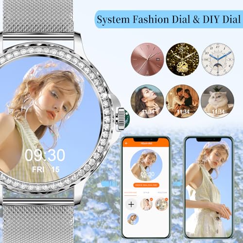 Efolen Smart Watches for Women with Diamonds (Answer/Make Call), 1.3'' Bluetooth Smartwatch for Android iOS, Waterproof Fitness Watch with Heart Rate/SpO2/Sleep/BP/AI Voice (Silver)