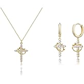 Liiusgelad Crown Cross Necklace & Earring Set for Women, Titanium Steel Gold & Silver Cross Pendant Jewelry, Dainty Pearl Crucifix Necklace for Women, Gift Boxed