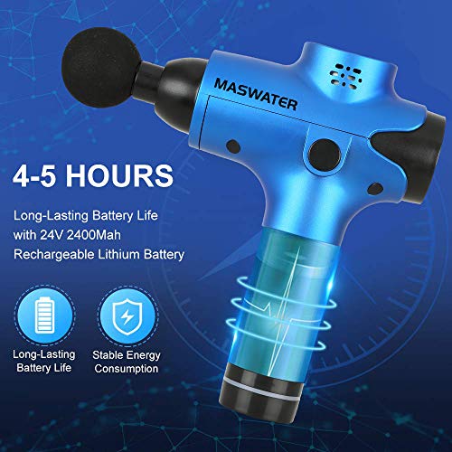 Massage Gun, Percussion Muscle Massager with 6 Replaceable Heads and LCD Touch Screen, Ultra-Quiet, 20 Speeds Level for Muscle Tension Relief - MASWATER Massager (Blue)