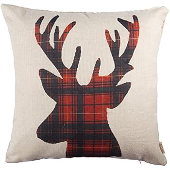 Fjfz Farmhouse Decor Holiday Decoration Cotton Linen Home Decorative Throw Pillow Case Cushion Cover for Sofa Couch Christmas Winter Deer, Scottish Buffalo Plaid, Red, 18