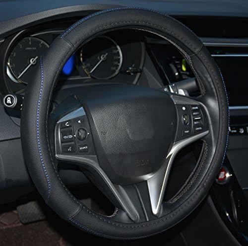 Rueesh Microfiber Leather Car Steering Wheel Cover, Soft Padding, Durable, No Smell, Universal 15 Inch Steering Cover, Black with Blue Line