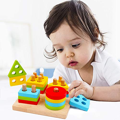 image for WOOD CITY Wooden Sorting & Stacking Toys for Toddlers, Educational Sha
