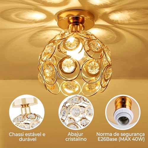 Luminária Pendente de Cristal e Ferro - Design Moderno com Luz Tricolor - Voltagem 110V-220V - Acabamento Premium para Sala, Quarto e Hall (Esférico)