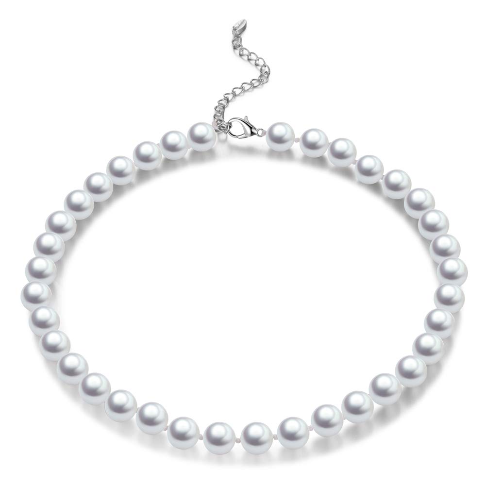 BULINLIN Pearl Beaded Choker Necklace for Women, 8mm/10mm Shell Pearls Costume Strand Necklace Fashion Jewellery Birthday Gift for Her（10mm White）