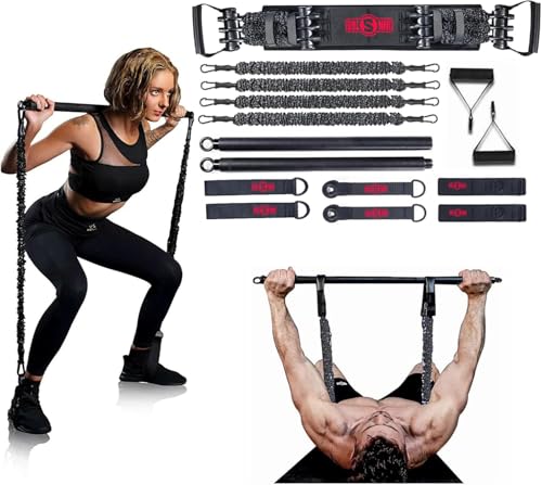 INNSTAR Portable Home Gym Set with Workout Bar, Bench Press Set, Squat Resistance Band, Door Anchor and More-Full Body Workout Equipment to Build Muscle and Shape Body