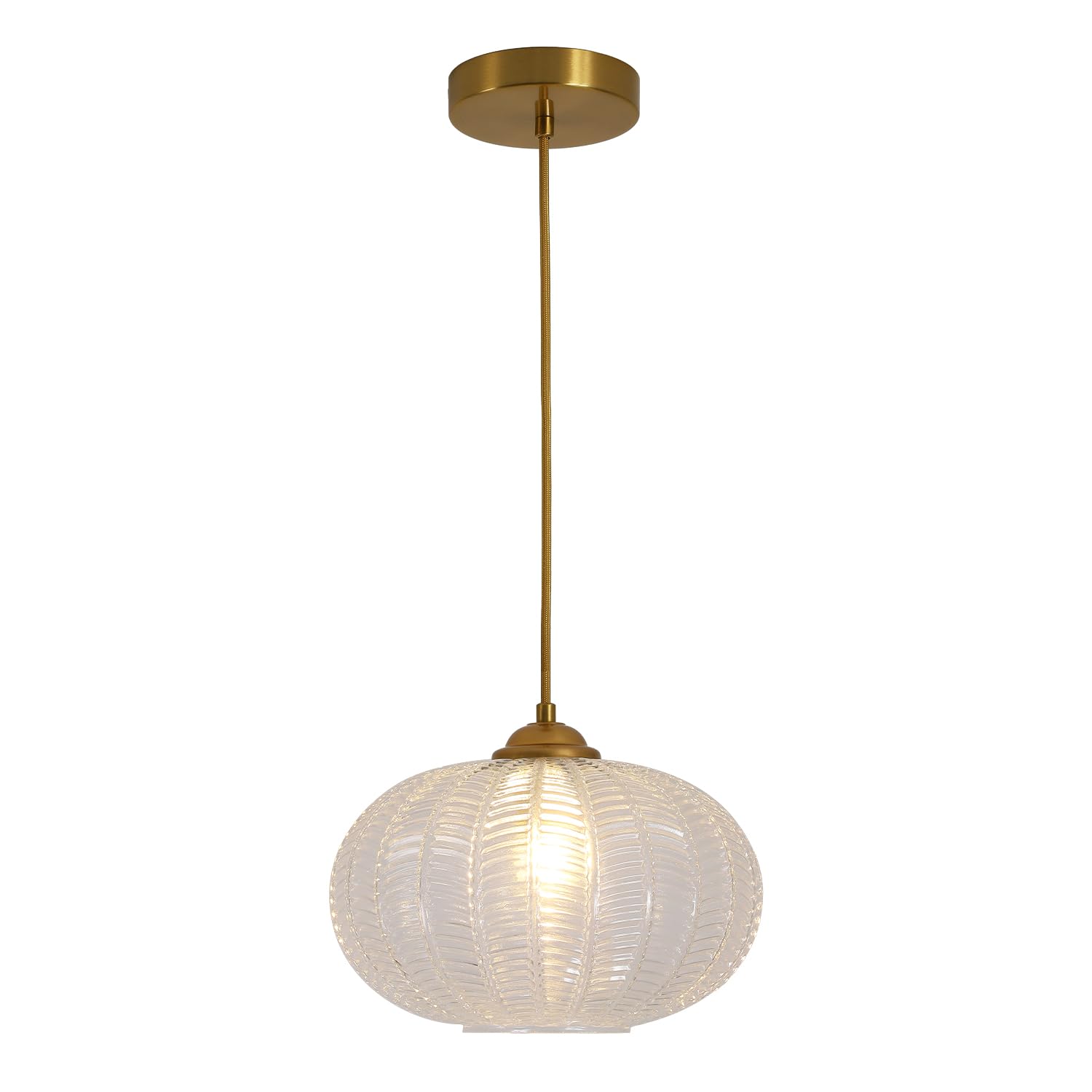 Photo 1 of KCO Lighting Clear Ribbed Glass Pendant Light Vintage Brass Gold Pendant Lighting Large Globe Pendant Lights Kitchen Island Mid Century Modern Hanging Light for Living Room