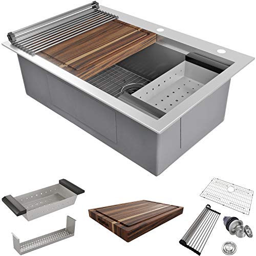 MOWA CounterFinesse 33 x 22 inch Workstation Topmount Kitchen Sink, Luxury Drop In Workstation Sink -Pack of 7 w/ 17.5" Acacia Butcher's Block - Tight Radius 16 Gauge Stainless Steel Single Bowl Sink