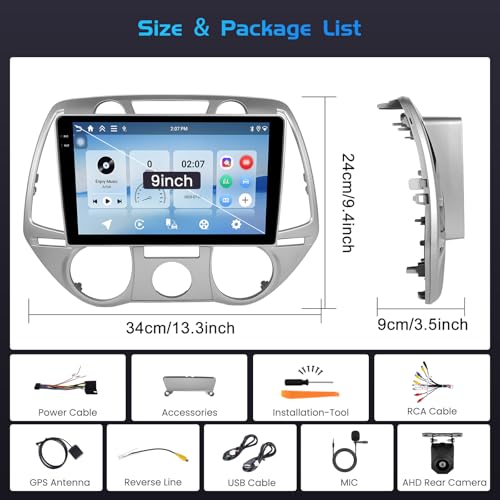 Inefala 4+64G Radio for Hyundai i20 2008-2012 Android 15 with 9'' In-Cell Screen with Wireless Carplay and Android Auto Mirror Link Radio FM/RDS GPS WiFi Bluetooth SWC Reverse Camera