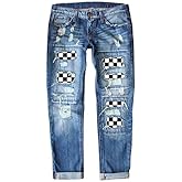 Distressed Boyfriend Jeans for Women with Plaid Patchwork Ripped Design Holes Design Stretch Comfort Skinny Denim Pants