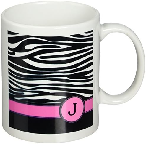 3dRose mug_154281_1 Letter J Monogrammed Black and White Zebra Stripes Animal Print with Hot Pink Personalized Initial Ceramic Mug, 11-Ounce