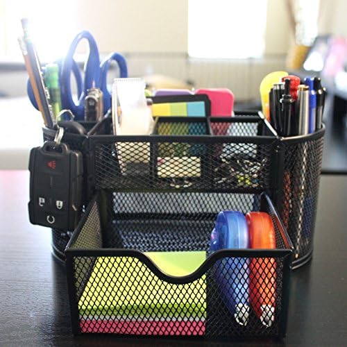 Suppliesmax Desk Organizer, Office Supplies Organizer with Drawer, Solid Metal mesh Executive Black Desk Organizer