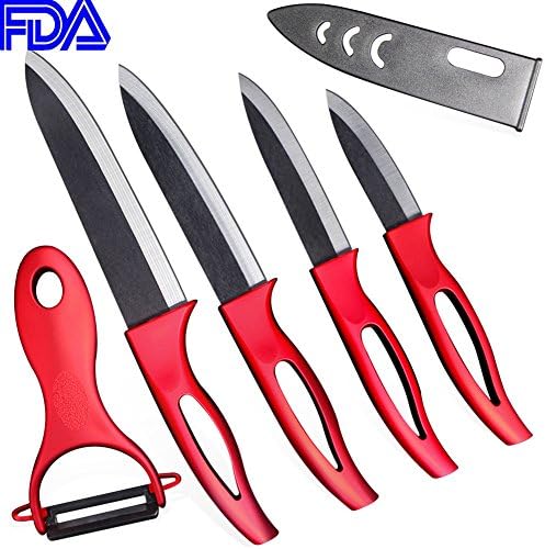 UTimHome Ceramic Knife Set, Multi-Color Set, Blade Kitchen Knives with Sheath Protector - 6" Chef Knife, 5" Utility (Slicing), 4" Fruit Knife, 3" Paring, Vegetable Peeler (Red &amp; Black)