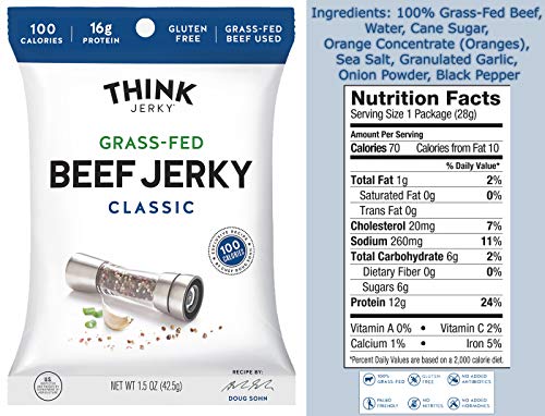 Think Jerky Grass-Fed Beef Jerky and Free-Range Turkey Jerky Variety Pack of 6 - Non-GMO, Gluten-Free, Paleo Friendly - 1.5 Ounce Bags